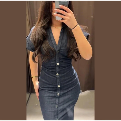 Retro Pleated Long Dresses with Sleeves Women Vintage Single-breasted Slim Female Dress 2025 Spring Summer Lady Street Vestidos