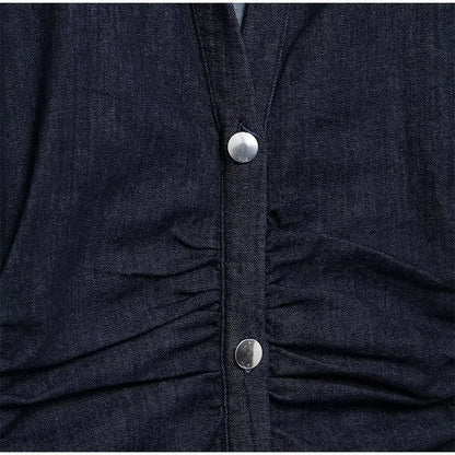 Women Denim V-neck Short Sleeved Long Dress Chic Slim Fit Single Breast Slit Vestidos New High Street Casual Solid Commuter Gown