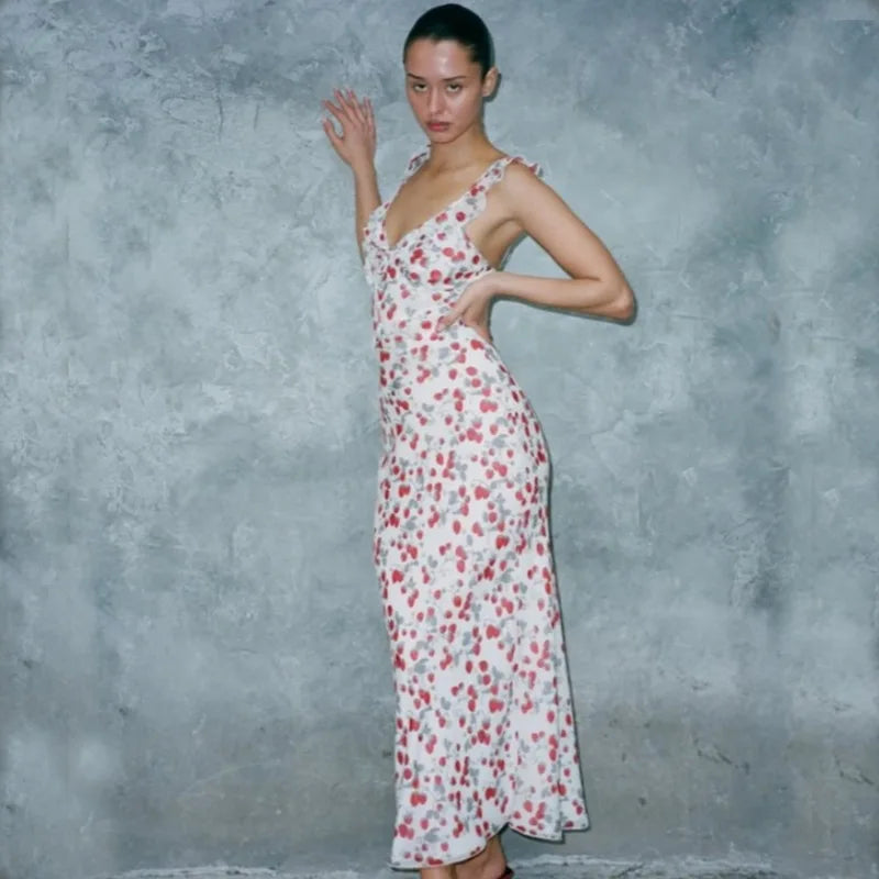 Cryptographic Summer Floral Print Plunge Maxi Dress Outfits Sexy Backless Fairy Sun Dresses Vacation Beachwear Vestido Coquette