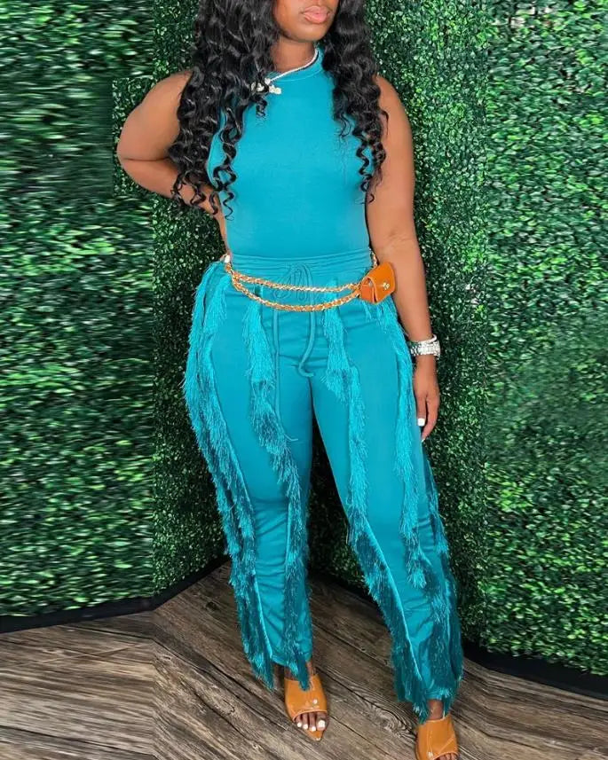 Fashion Solid Romper Casual Tank Top & Tassel Decor Drawstring Pants Set Skinny Tank Jumpsuits Summer Female Outfit Streetwear