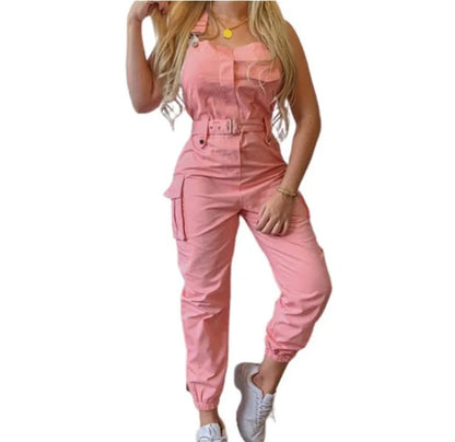 Autumn Women's Clothing Bodysuit Jumpsuit 2023 Simple Zipper Cargo High Waisted Conjoined Body Pants Sleeveless Strap Trousers
