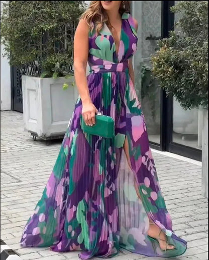 New Women's Long Dress V-neck Sleeveless Pleated Printed Slit Dress Elegant And Fashionable Style Elegant Beach Floral Dress