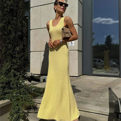 Talenza Summer Knit Long Dress Solid Sleeveless Casual High Waist Halter Long Dress Knit Backless Office Lady Women's Dress 2025