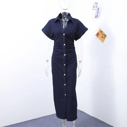 Fashion Denim Backless Dress Women's O-neck Lace Up Sleeveless High Waisted Pleated Dresses 2025 Summer New Lady Elegant Robe