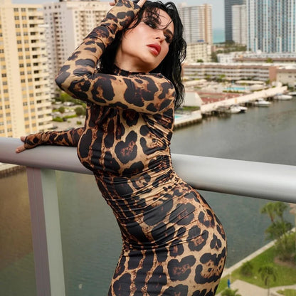 Print Leopard Print Slim Long Dress Women's Fashion Long Sleeve Sexy Party Dress Summer Street Leopard Print Long Dress 2024 New