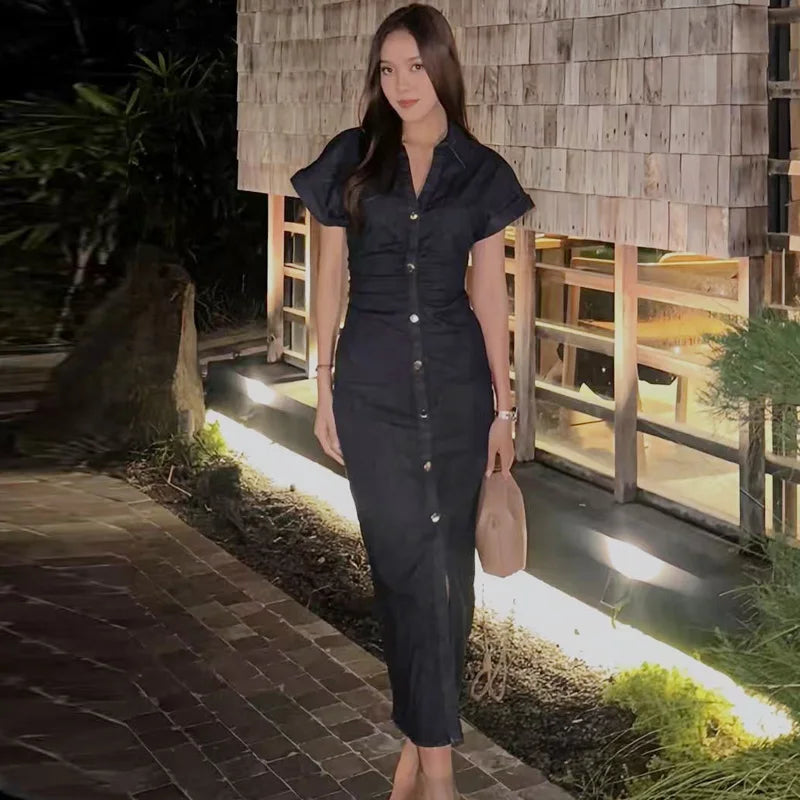 TRAF Womens Denim Dresses Summer 2025 Button Bodycon Blue Dress Ruffled Batwing Sleeve Long Dress Chic Casual Beach Vestidos 066