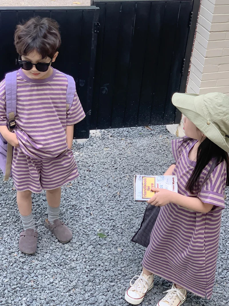 MILANCEL Summer Kids Clothing Set Striped Tee And Shorts Boys Casual Suit Girl Long Dress Brother And Sister Clothes