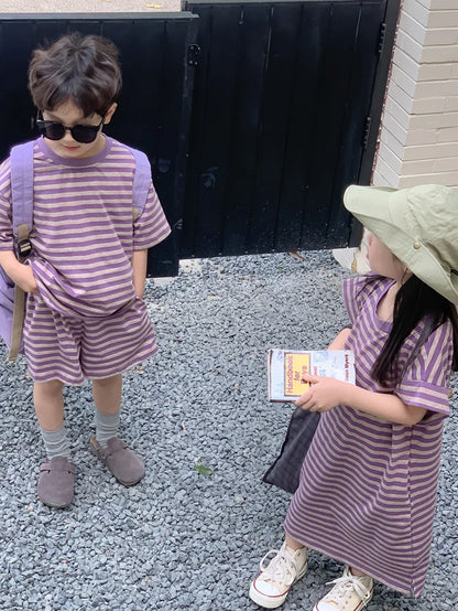 MILANCEL Summer Kids Clothing Set Striped Tee And Shorts Boys Casual Suit Girl Long Dress Brother And Sister Clothes