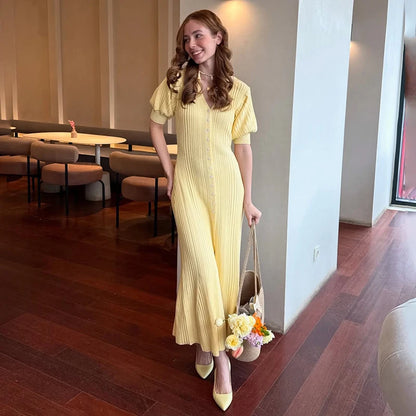 Tornova Fashion Cardigan Long Knitted Dress For Women Puff Sleeve Retro Fashion Sweater Dress 2025 Summer Sexy Vacation Dress