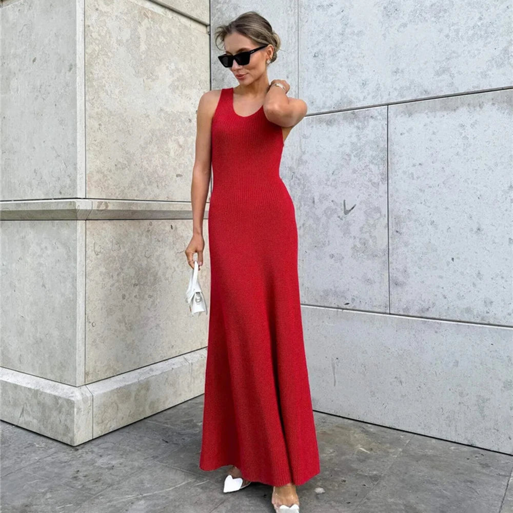 Talenza Summer Knit Long Dress Solid Sleeveless Casual High Waist Halter Long Dress Knit Backless Office Lady Women's Dress 2025