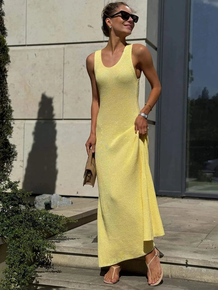 Talenza Summer Knit Long Dress Solid Sleeveless Casual High Waist Halter Long Dress Knit Backless Office Lady Women's Dress 2025