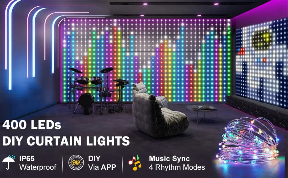 400-800 LED RGB Smart Curtain Lights with Music,App Controls and Remote,LED Party Lights for Wedding/Valentine's Day/Birthday