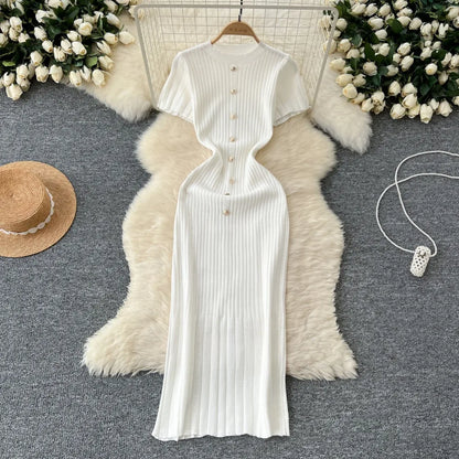 Dresses Women Summer Knitting Long Dress Single Breasted Round Collar Short Sleeve Sexy Bodycon Office Lady Knit Vestidos
