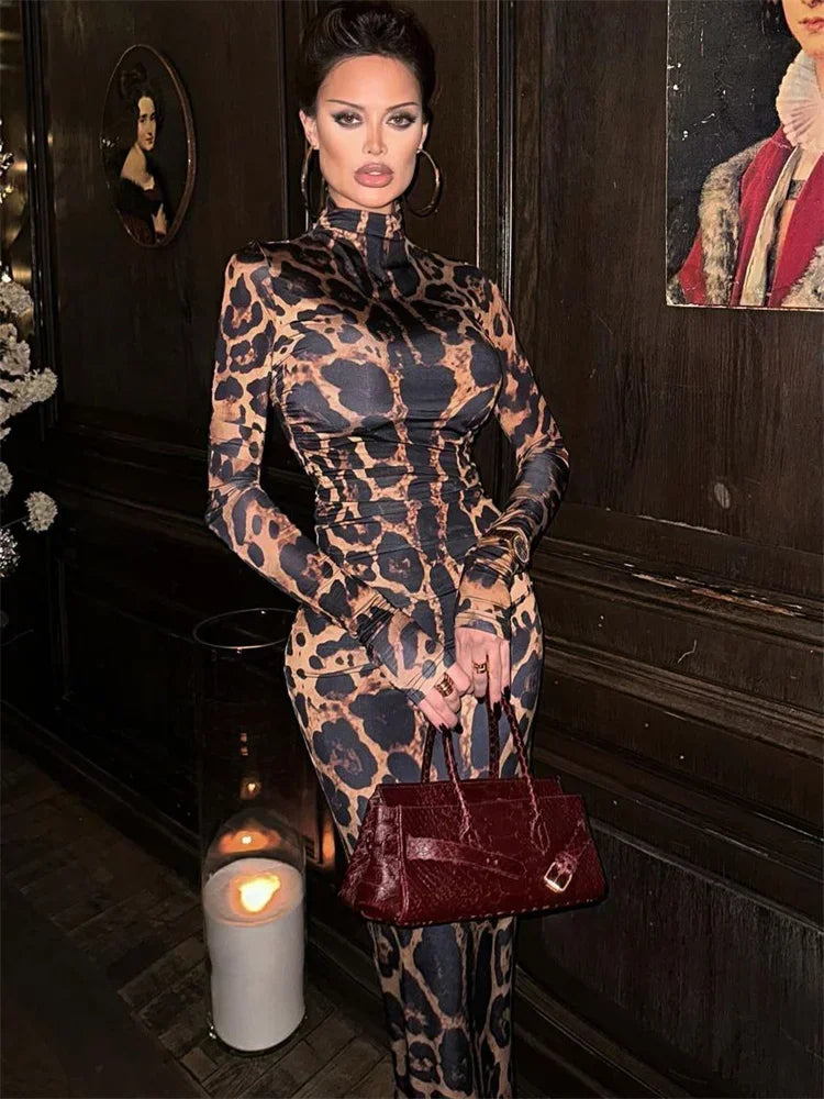 Print Leopard Print Slim Long Dress Women's Fashion Long Sleeve Sexy Party Dress Summer Street Leopard Print Long Dress 2024 New