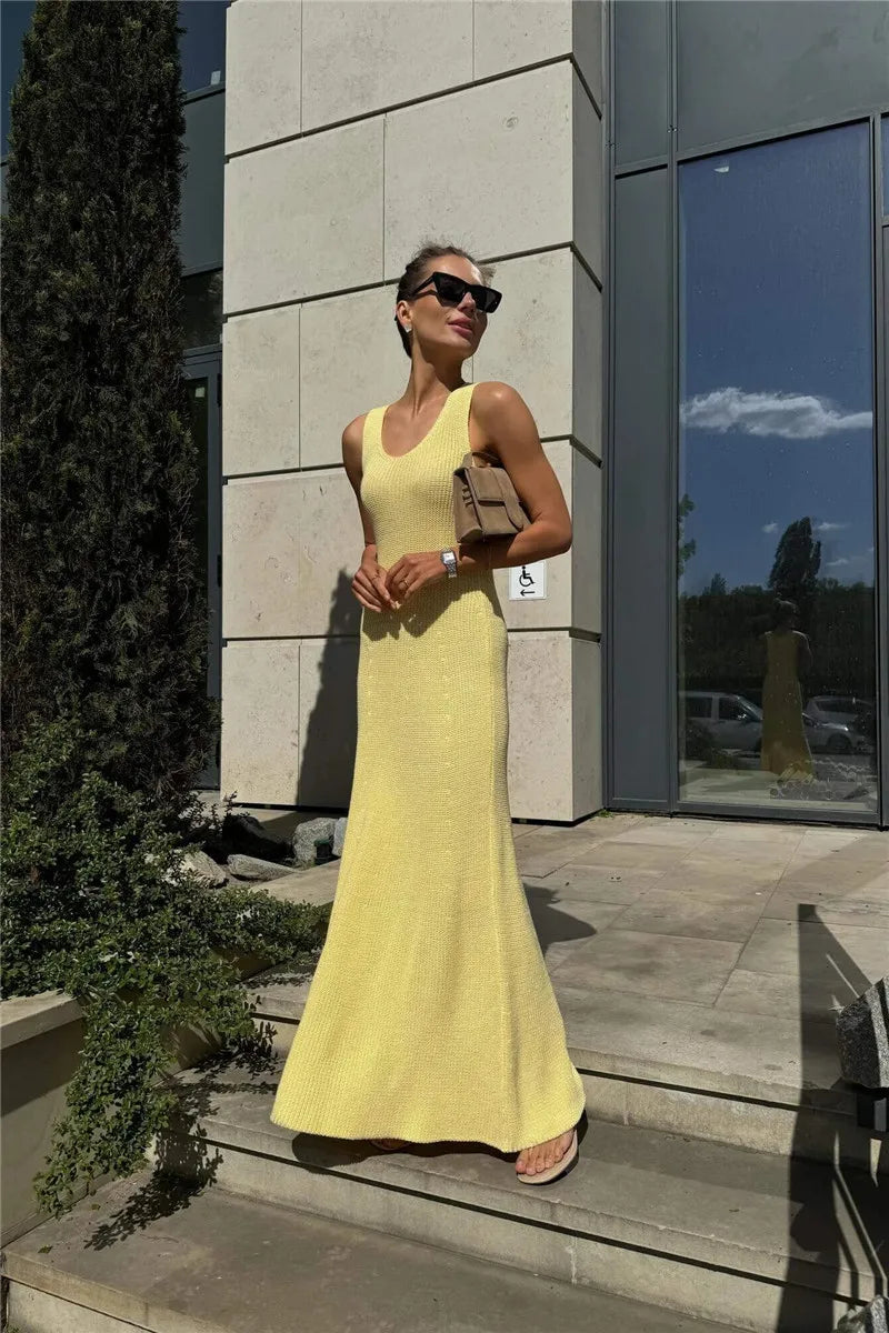 Talenza Summer Knit Long Dress Solid Sleeveless Casual High Waist Halter Long Dress Knit Backless Office Lady Women's Dress 2025