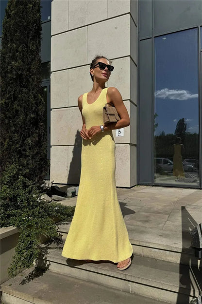 Talenza Summer Knit Long Dress Solid Sleeveless Casual High Waist Halter Long Dress Knit Backless Office Lady Women's Dress 2025