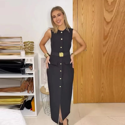 MUJER 2025 Womens Dresses Black Office Long Dresses for Women Spring Sleeveless Midi Dress Woman Belt Button Women's Dress Vest