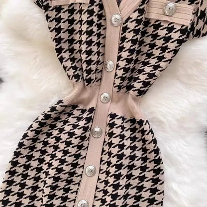 YuooMuoo Brand Fashion Houndstooth Knitted Long Dress 2024 Summer Fashion Vintage Elegant Office Lady Wrap Hips Bodycon Dress