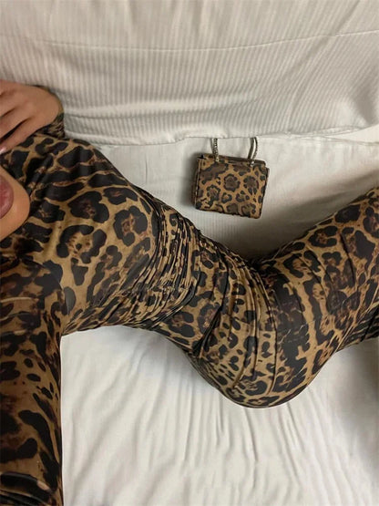 Print Leopard Print Slim Long Dress Women's Fashion Long Sleeve Sexy Party Dress Summer Street Leopard Print Long Dress 2024 New