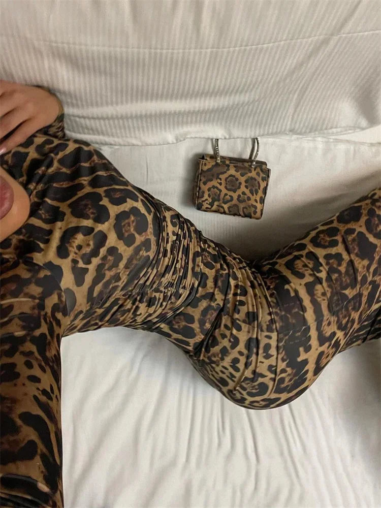 Print Leopard Print Slim Long Dress Women's Fashion Long Sleeve Sexy Party Dress Summer Street Leopard Print Long Dress 2024 New