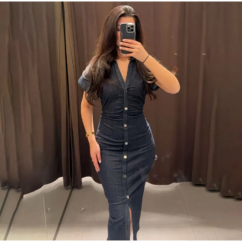 Women Denim V-neck Short Sleeved Long Dress Chic Slim Fit Single Breast Slit Vestidos New High Street Casual Solid Commuter Gown