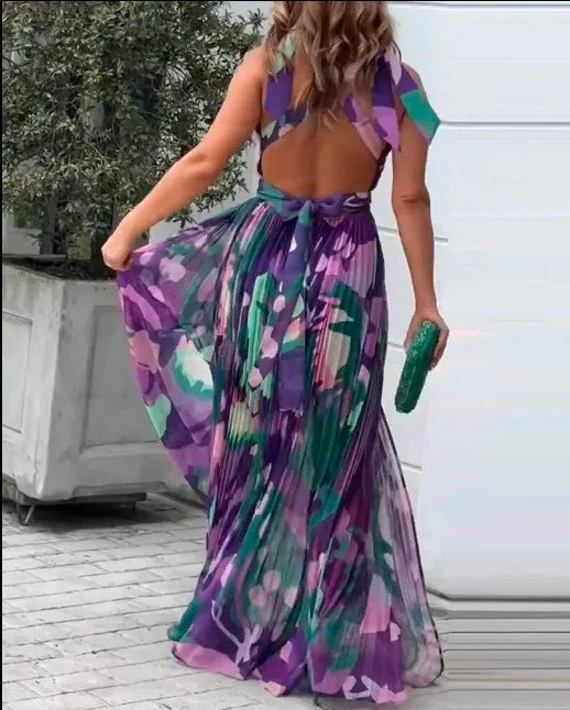 New Women's Long Dress V-neck Sleeveless Pleated Printed Slit Dress Elegant And Fashionable Style Elegant Beach Floral Dress