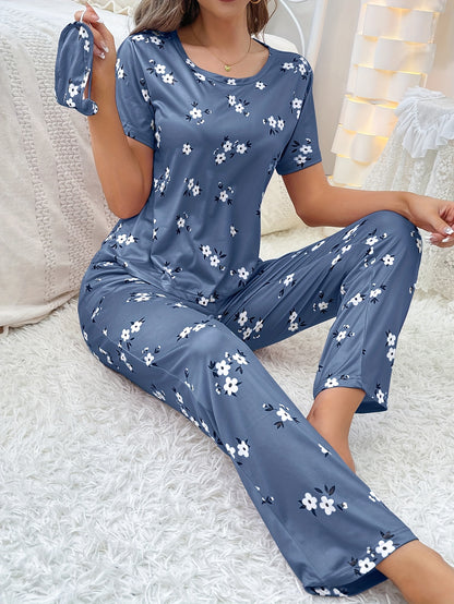 Luxurious Floral Print Pajama Set - Soft & Loose Fit for Women - Short Sleeve Tee & Pants - Comfy Sleepwear & Loungewear for Effortless Style