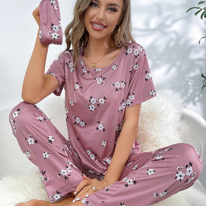 Luxurious Floral Print Pajama Set - Soft & Loose Fit for Women - Short Sleeve Tee & Pants - Comfy Sleepwear & Loungewear for Effortless Style