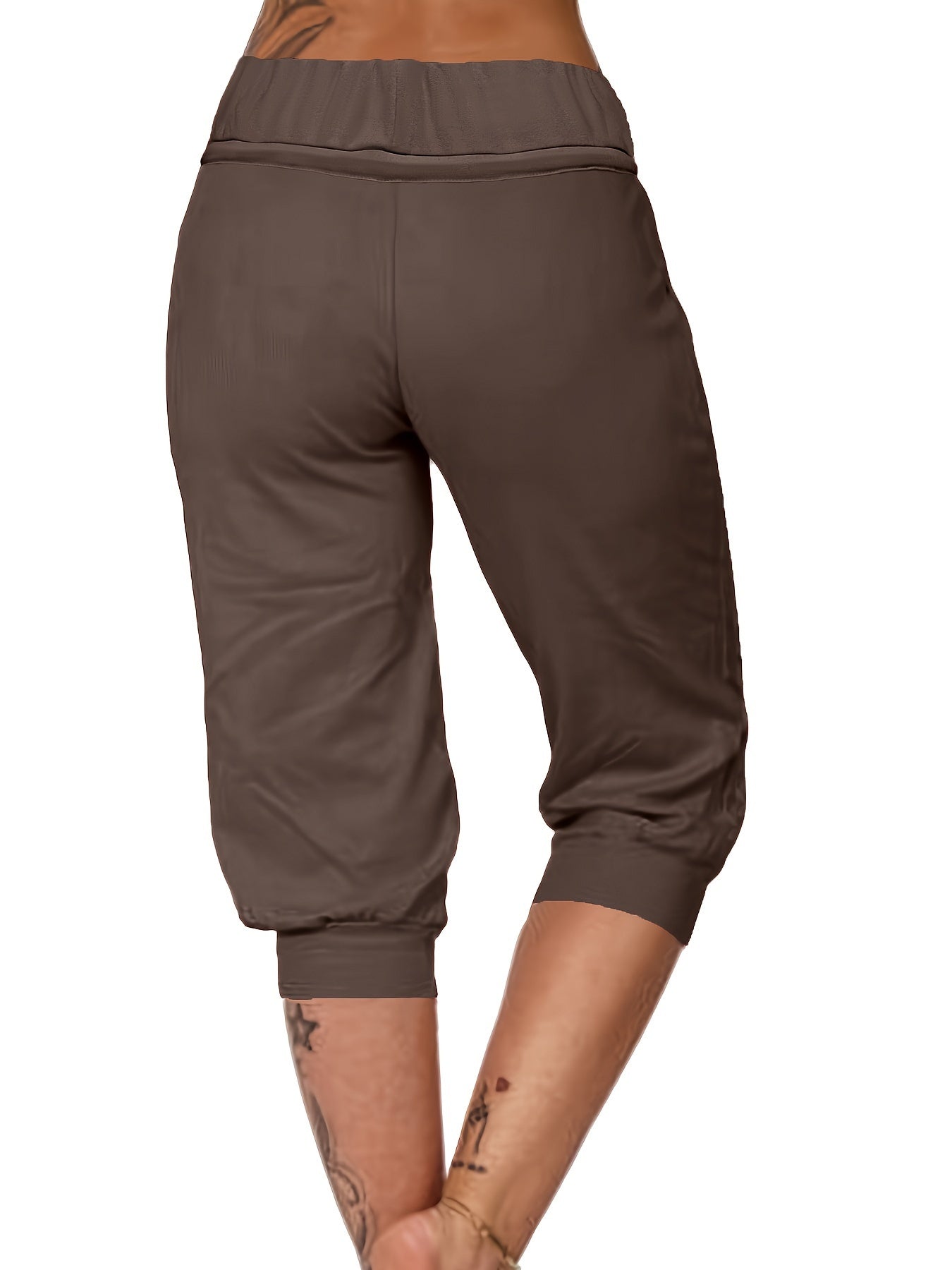 Womens Solid Elastic Capri Pants - Comfortable Casual Style - Cropped Everyday Wear for Effortless Fashion