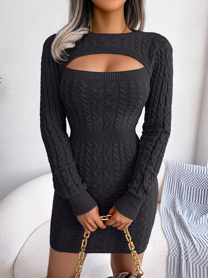 Elegant Keyhole Winter Bodycon - Long Sleeve, High Stretch, Ribbed Knit Women's Pencil Dress