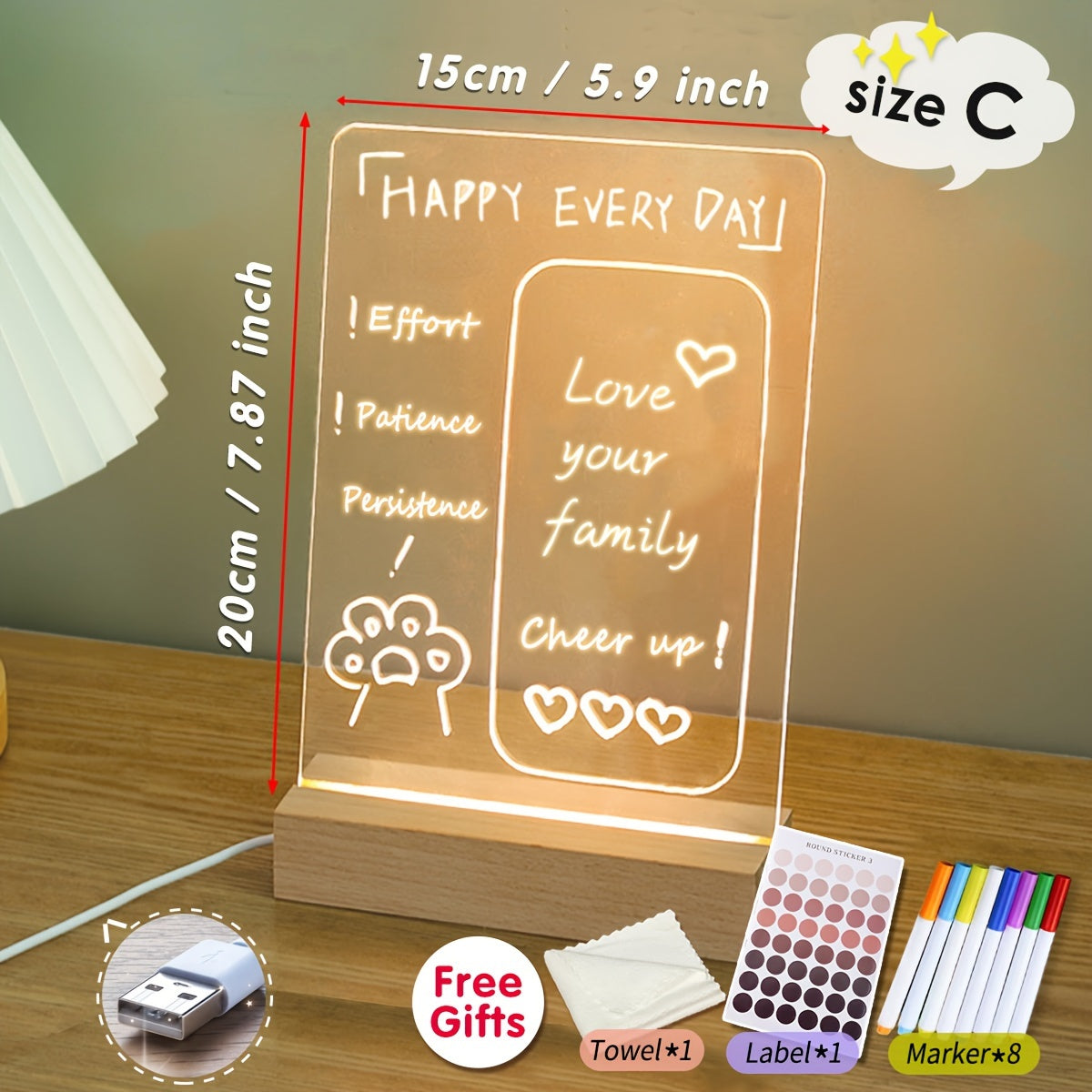 XD-TOPQC Acrylic LED Light Up Dry Erase Board with Stand, USB Powered Tabletop Memo Notepad, Clear Desktop Message Board for Daily Reminder, Planning, and Creative Use - Kawaii Room Decor, Small Notepad