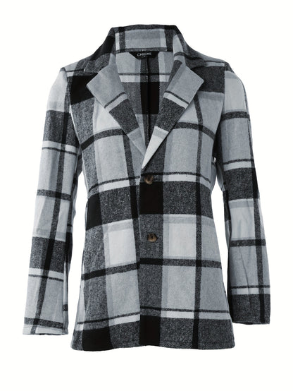 Plaid Button Down Long Sleeve Lapel Coat, Fashion Winter Blazer, Women's Clothing