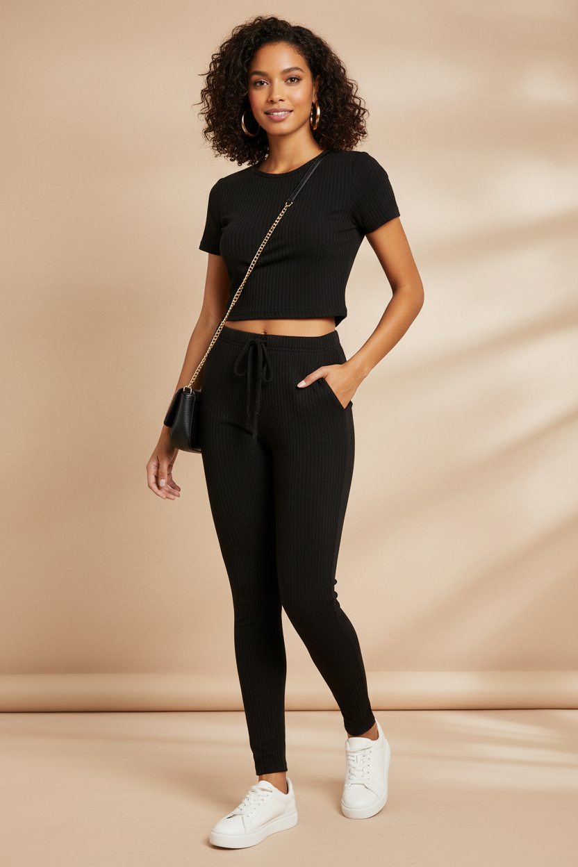 Black Ribbed Two-Piece Set with Accessories