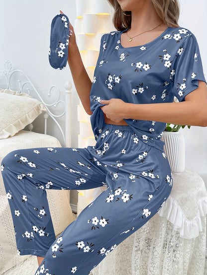 Luxurious Floral Print Pajama Set - Soft & Loose Fit for Women - Short Sleeve Tee & Pants - Comfy Sleepwear & Loungewear for Effortless Style