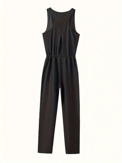 Chic Sleeveless Denim Jumpsuit with Zipper Front & Elastic Waist - Fashionable Bloomer Legs Overalls for Women - Durable & Comfortable Casual Wear