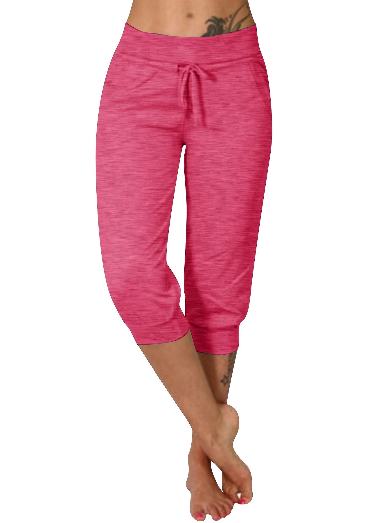 Womens Solid Elastic Capri Pants - Comfortable Casual Style - Cropped Everyday Wear for Effortless Fashion