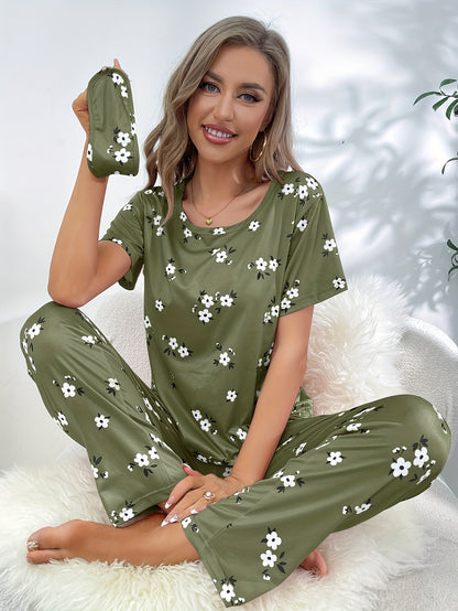 Luxurious Floral Print Pajama Set - Soft & Loose Fit for Women - Short Sleeve Tee & Pants - Comfy Sleepwear & Loungewear for Effortless Style