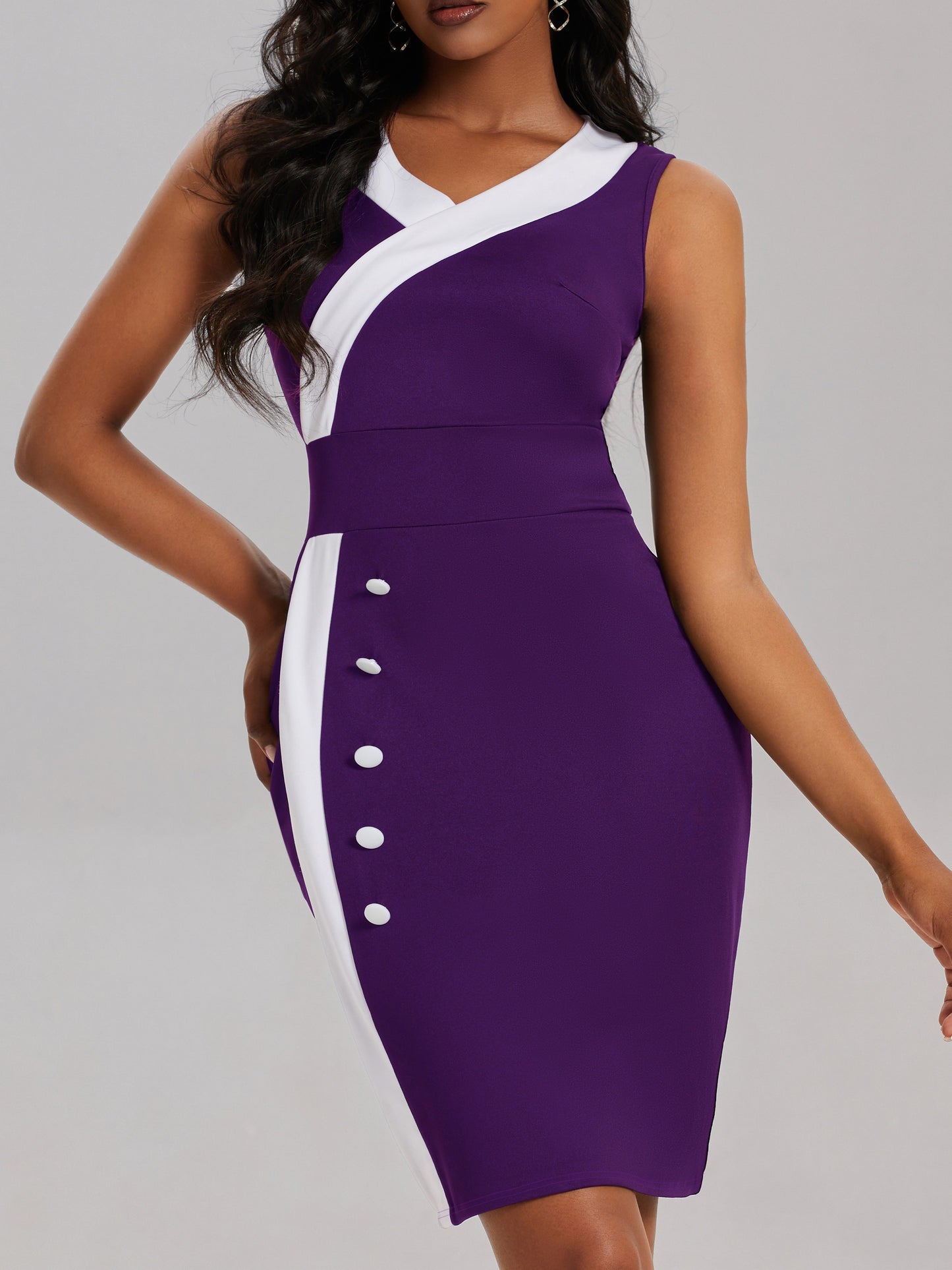 Color Block Bodycon Dress, Elegant V Neck Sleeveless Tank Dress, Women's Clothing