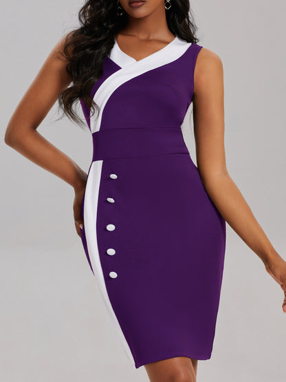 Color Block Bodycon Dress, Elegant V Neck Sleeveless Tank Dress, Women's Clothing