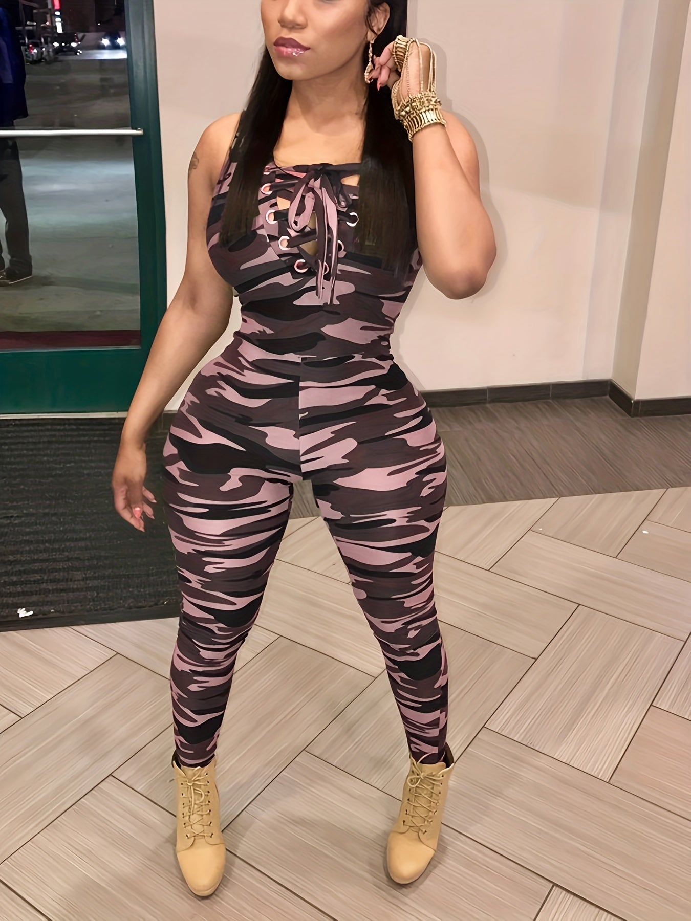 Sexy Hollow-Details Jumpsuit: Leopard & Camo Print, Mid-Elastic, Knit Fabric - Stylish, Durable for Spring/Fall