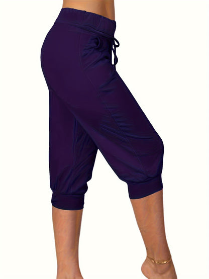 Womens Solid Elastic Capri Pants - Comfortable Casual Style - Cropped Everyday Wear for Effortless Fashion