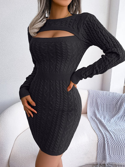 Elegant Keyhole Winter Bodycon - Long Sleeve, High Stretch, Ribbed Knit Women's Pencil Dress