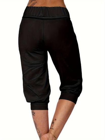 Womens Solid Elastic Capri Pants - Comfortable Casual Style - Cropped Everyday Wear for Effortless Fashion