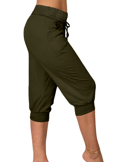 Womens Solid Elastic Capri Pants - Comfortable Casual Style - Cropped Everyday Wear for Effortless Fashion