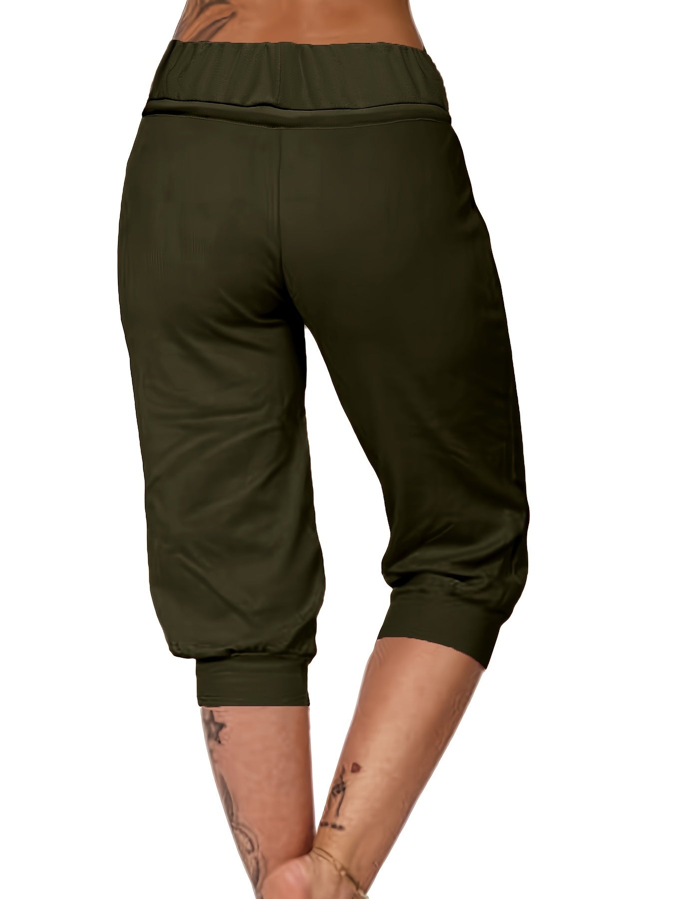 Womens Solid Elastic Capri Pants - Comfortable Casual Style - Cropped Everyday Wear for Effortless Fashion