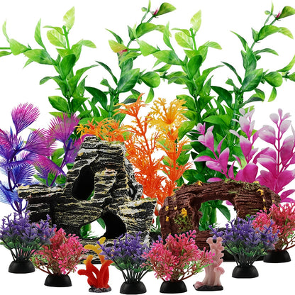 15pcs Resin Fish Tank Decorations Plants with Broken Barrel, Cave Rock View, and Plastic Plants