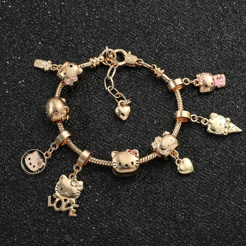 1pc Adorable Golden Hello Kitty Charm Bracelet - Kawaii Sanrio Anime Figure Beads Pendant Hand Chain Fashion Women's Bangle Accessories for Party Favors, Anime Lovers, and Collectors