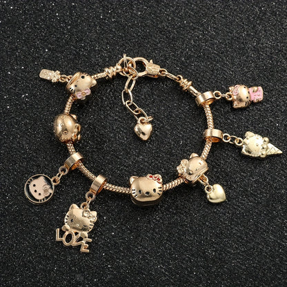 1pc Adorable Golden Hello Kitty Charm Bracelet - Kawaii Sanrio Anime Figure Beads Pendant Hand Chain Fashion Women's Bangle Accessories for Party Favors, Anime Lovers, and Collectors