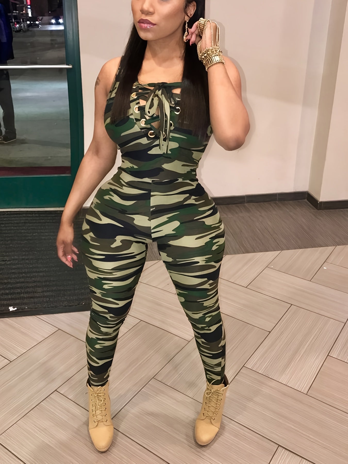 Sexy Hollow-Details Jumpsuit: Leopard & Camo Print, Mid-Elastic, Knit Fabric - Stylish, Durable for Spring/Fall