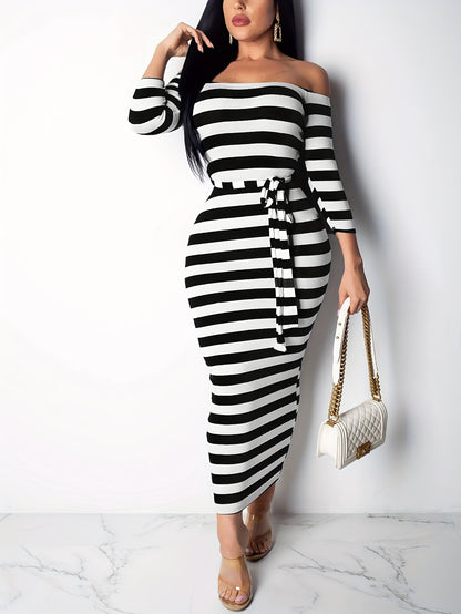 Off Shoulder Striped Dress, Stretchy Long Sleeve Dress, Casual Every Day Dress, Women's Clothing